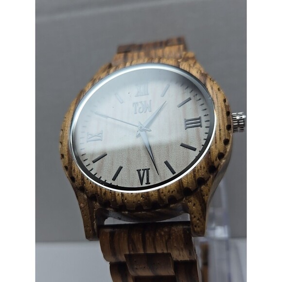 TJW Zebrawood Quartz Watch Roman Numeral Wooden Case 45mm New Battery Analog - Picture 4 of 10